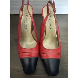 St.John Slingback Low Heel Shoes Size 7 Red Black Cap Toe Italy